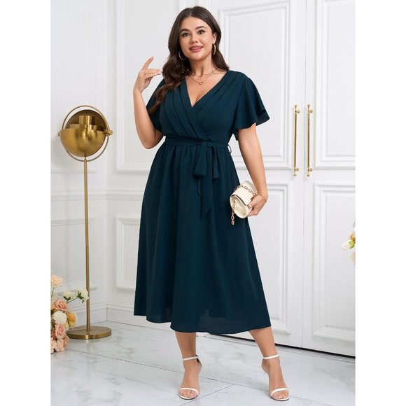 Plus Size Women’s Wedding Guest Dress Polyester V Neck Pleated A Line - Picture 6 of 7